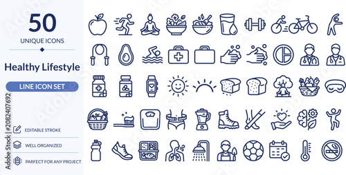 Healthy Lifestyle Line Icons, 50 Editable Stroke Vector Icons for Wellness, Nutrition and Fitness
