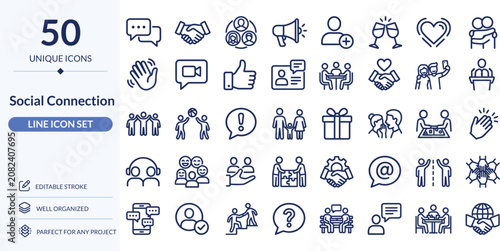 Social Connection Line Icons, 50 Editable Stroke Vector Icons for Communication, Community and Networking