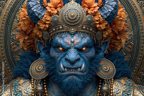 Fierce Blue Demon King With Sharp Teeth and Glowing Eyes Wearing Ornate Gold Crown and Jewelry Stands With Orange Flowers