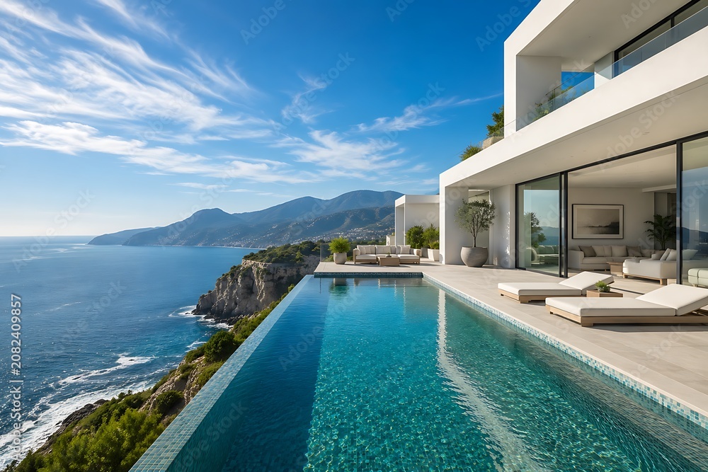 Fototapeta premium Modern white cliffside villa with infinity pool overlooking ocean and mountains