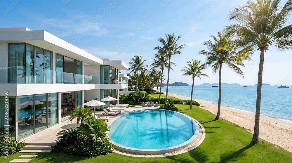 Fototapeta premium Modern white beachfront villa with swimming pool and palm trees on tropical coast