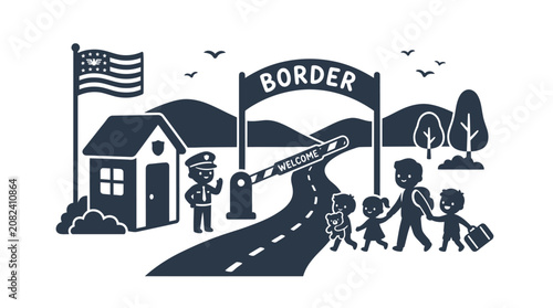 Billede på lærred Refugee family approaching a border crossing gate with luggage.