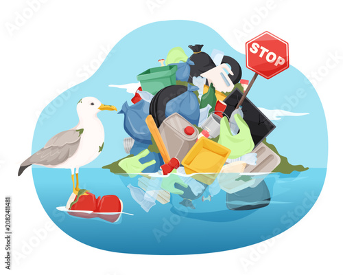 Trash floating in ocean with seabird in clean graphic style on blue water background showing pollution concept. Vector illustration