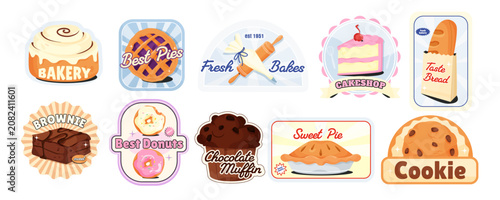 Colorful bakery sticker set with cartoon style treats on a white background, expressing pastry theme. Vector illustration