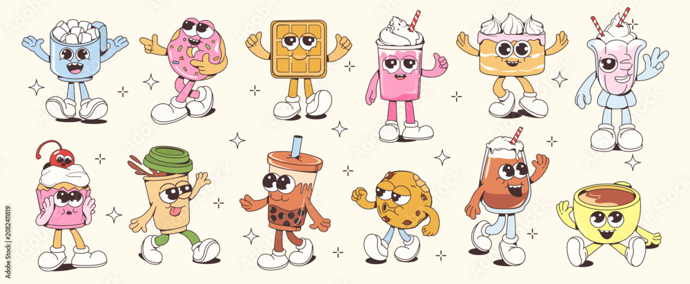 Fototapeta premium Cute walking food and coffee characters in cartoon style on light background showing fun dessert concept. Vector illustration