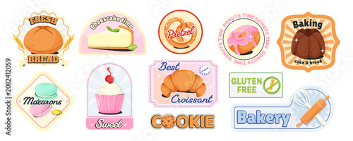 Colorful bakery pastry sticker set in bright cartoon style on white background, concept of sweet food. Vector illustration