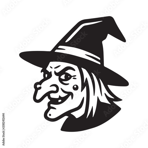 Fotografie Black and white illustration of a witch head with a pointy hat halloween portrai