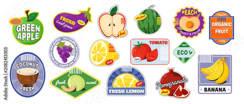 Various fruit sticker set shown in bright graphic style on white background, concept of fresh organic food. Vector illustration