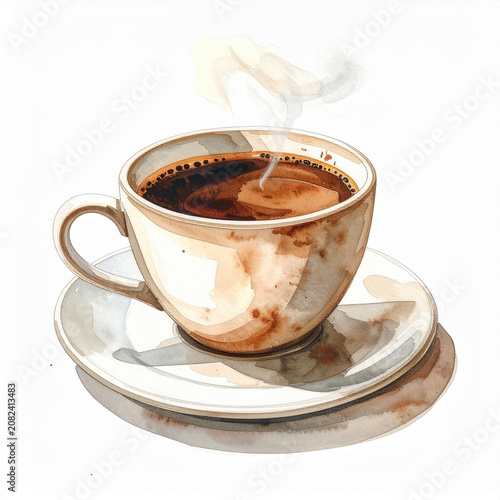Watercolor painting of cup of coffee with steam rising on white backdrop, delicate fluid paint washes, soft color blending, coffee and beverage concept, contemporary fine art.