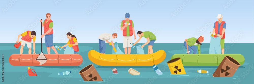 Obraz premium People on boats cleaning ocean waste in flat style on blue water background, showing eco protection concept. Vector illustration