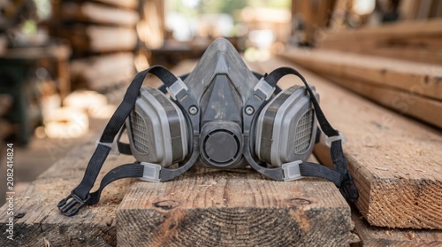 Protective Mask Resting on Wooden Surface in Natural Light with Safety Theme