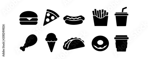 Foto Minimalist black silhouette fast food icons set featuring burger, pizza, fries,