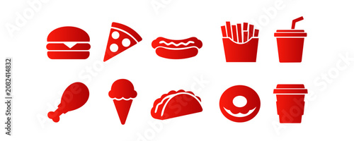 Photos Minimalist red silhouette fast food icons set featuring burger, pizza, fries, ta