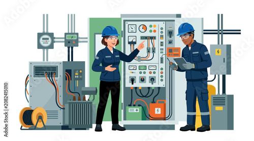 Electricians inspecting complex industrial electrical control panel.