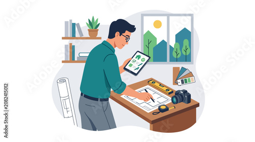 Architect planning house design with tablet at desk