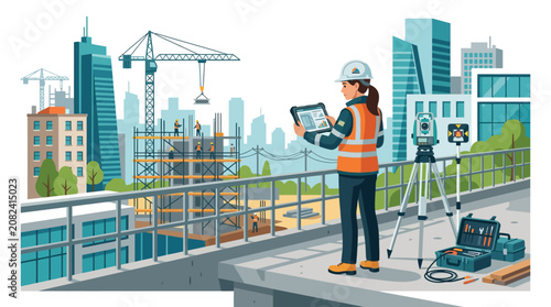Female engineer surveying city construction site with tablet