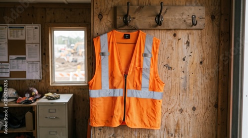 Hanging High Visibility Safety Vest on Wooden Wall in Industrial Workspace