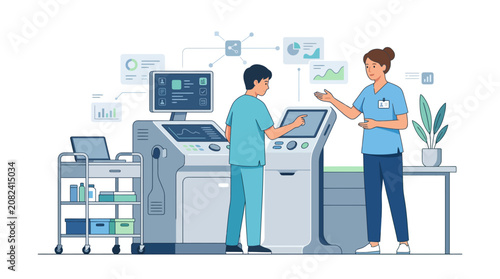 Medical technicians operating advanced diagnostic laboratory equipment in hospital.