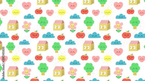 Cute kawaii nature and home seamless pattern with cartoon characters on white background. Happy smiling house, tree, sun, and cloud repeating background for kids nursery textile print.