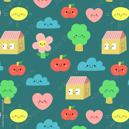 Bright kawaii nature and home seamless pattern featuring happy cartoon characters on a blue background. Charming vector repeating background with smiling houses and trees for kids nursery wallpaper.