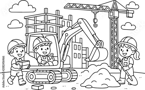 Illustration vectorielle dessinée à la main, style gribouillage, d'un chantier de construction détaillé à colorier pour enfants