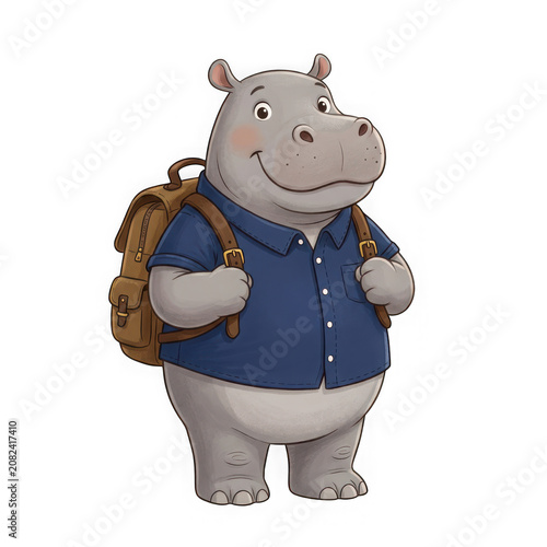 Cute cartoon hippo character wearing a blue shirt and carrying a brown backpack isolated on transparent background