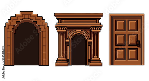Foto Pixel art doorways, brown, archways, entrance icons, vector graphics