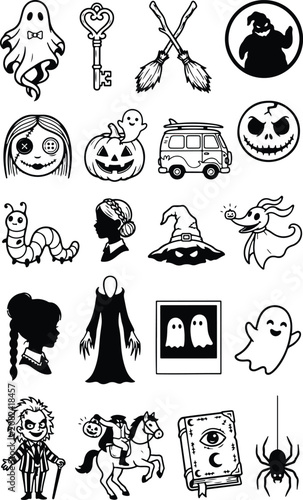 Fényképezés Halloween character collection spooky icons and whimsical illustrations