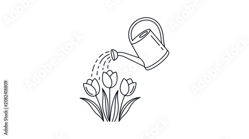Watering Can and Tulips Line Art Illustration
