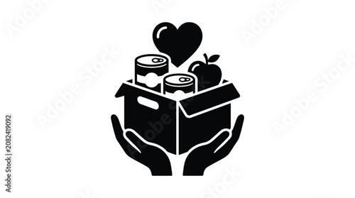 Donation box with food and heart black silhouette on white background