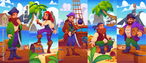 Tableau sur toile Cartoon pirate characters collage featuring captain, female pirate with cutlass, cannoneer with bomb and crewmates with barrels and treasure