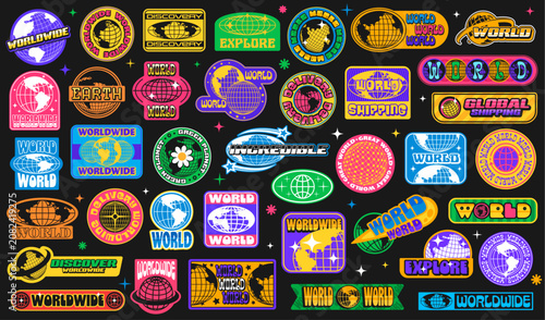 Photos Earth globe y2k groovy stickers, terrestrial sphere funky patch labels with vector stars, flowers and psychedelic grid pattern