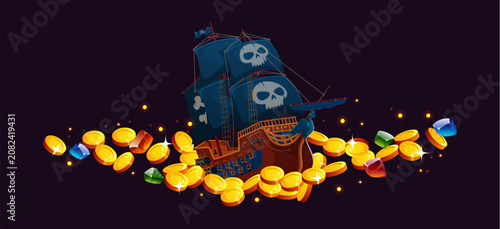 Tableau sur toile Pirate ship and treasures with golden coins and gemstones