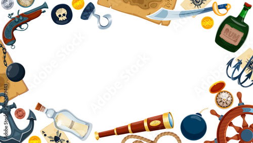 Foto Cartoon pirate frame banner template with wide blank white copy space surrounded by flintlock pistol, skull coin, treasure map, cutlass sword and rum bottle