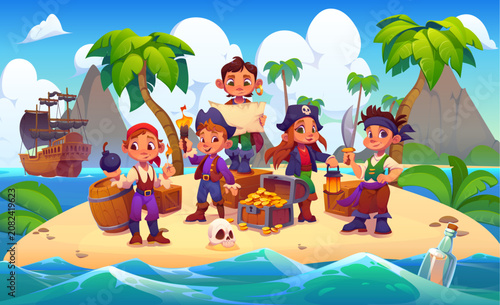 Obraz na plátně Cartoon kids pirates on tropical island with treasures or Caribbean corsair children