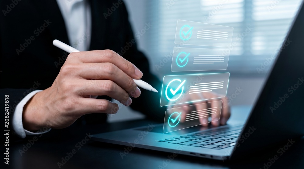 Fototapeta premium Digital Task Verification Concept for Interactive Checklist Optimization, Project Progress Auditing, Business Quality Control, Enterprise Collaboration Software, and Strategic Operations Management