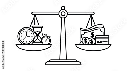 Slika na platnu Balance scale with timekeeping devices and currency black line illustration