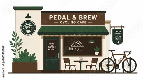 Cuadro en lienzo Pedal and Brew cycling cafe exterior illustration.