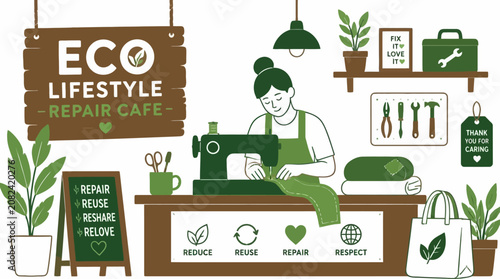 Eco lifestyle repair cafe sewing machine illustration.