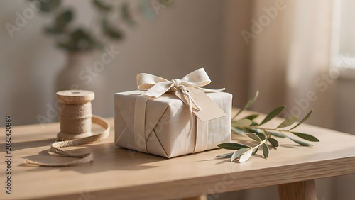 Gift wrapping with natural materials  brown paper and jute ribbon on a wooden table with greenery