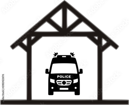 A minimalist black and white vector icon depicting a police patrol van parked inside a timber-frame garage, carport, or shelter structure.