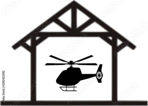 A minimalist black and white vector logo featuring a private chopper or rescue helicopter parked inside a gabled roof, open timber-frame hangar structure.