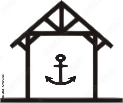A clean, black and white minimalist line art logo featuring a simple house structure or wooden truss pavilion with a classic marine anchor positioned perfectly inside it, symbolizing stability, mariti
