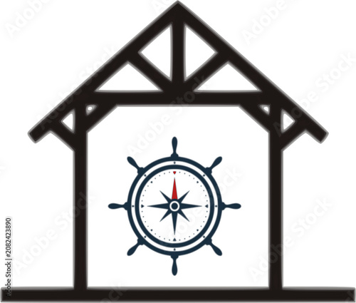 A minimalist logo design featuring a black wooden house frame or open pavilion structure, enclosing a detailed dark blue nautical ship steering wheel with an integrated navigation compass rose pointin