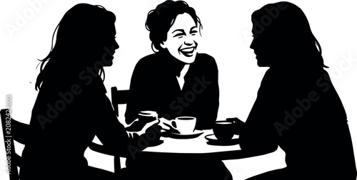 Three women sitting at a table with cups, one smiling and talking