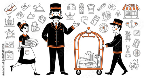 Hotel staff, bellhop, luggage cart, hospitality icons, vector illustration