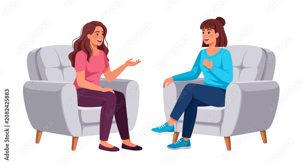 Obraz premium Two women chatting, conversation illustration, talking female friends, discussion vector, people sitting in armchairs