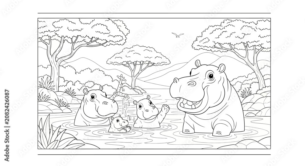 Fototapeta premium Cute cartoon hippos family bathing in river, outline drawing for coloring book, African savanna landscape background