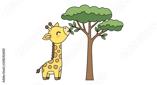 Cute cartoon baby giraffe eating leaves from a tree, adorable safari animal illustration, vector art