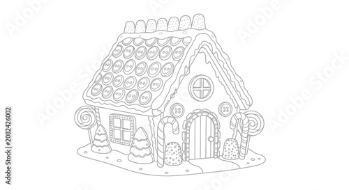 Whimsical outline drawing of a gingerbread house decorated with candies, cookies, and icing, perfect for holiday coloring pages.